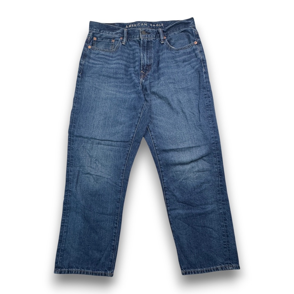 American Eagle Mens Loose Fit Medium Wash Blue Denim Jeans 32x30 Linen Blend